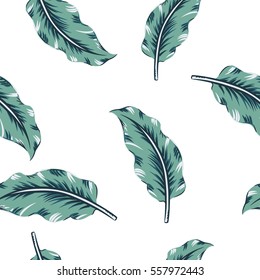 Banana palm leaves on the white background. Vector seamless pattern with tropical plant.