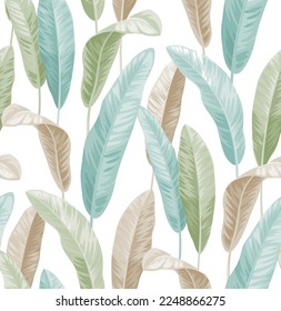 Banana palm leaves. Seamless pattern with tropical plant. Realistic botanical illustration. Vector foliage background.