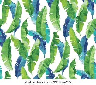 Banana palm leaves. Seamless pattern with tropical plant. Realistic botanical illustration. Vector foliage background.