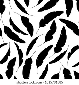 Banana palm leaves silhouette seamless pattern. Tropical background, summer wallpaper. Black and white colours. Vector illustration. 