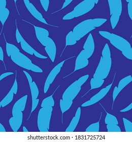 Banana palm leaves silhouette seamless pattern. Tropical background, summer wallpaper. Blue colours. Vector illustration. . Vector illustration.