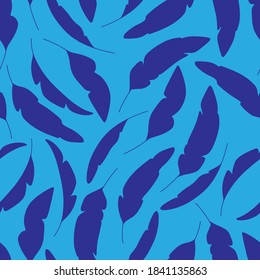 Banana palm leaves silhouette seamless pattern. Tropical background, summer wallpaper. Blue colours. Vector illustration. . Vector illustration.