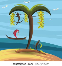 Banana palm tree banana branch and monkeys on island in ocean sea ship