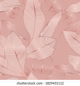 Banana palm tree leaves seamless pattern texture. Exotic tropical jungle forest. Copper gold shiny glow outline. Pink background. Vector design illustration for fashion, fabric, textile.