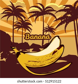 Banana with palm trees, sea, vector illustration