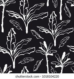 Banana palms seamless pattern. Black and white motif with tropical trees. Contrast vector design can be used for background decoration, wrapping, food and cosmetic packaging