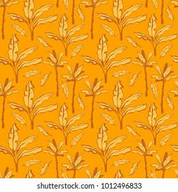 Banana palms seamless pattern. Bright summer motif with tropical trees. Warm yellow vector design can be used for background decoration, wrapping, food and cosmetic packaging