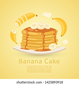 Banana and pancake recipe with pictures of bananas and maple syrup on yellow background. Retro vector illustration for flapcake or banana bread recipe.