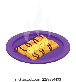 Banana pancakes stuffed with squares. With chocolate topping and fresh banana slices. Dessert.