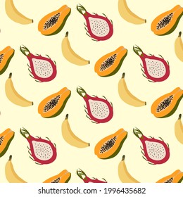 Banana, papaya, jackfruit pattern. Abstract colorful set on yellow backdrop. Healthy food. Vegetarian food. Healthy diet. Organic food. 