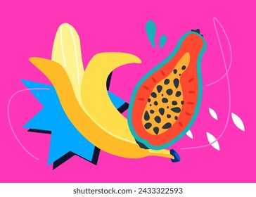 Banana and papaya - modern colored vector illustration with juicy tropical fruits. Eco food and vegetarian diet. Summer in the jungle, gifts of nature, breakfast in paradise and summer vacation idea
