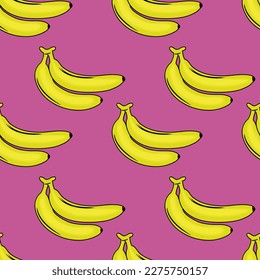 Bananenmuster, süßes Cartoon Banane, nahtloses Muster einzeln auf rosafarbenem Hintergrund 