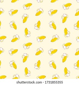 Banana pattern. Illustration of cute white kittens with bananas on a light yellow background. Vector 8 EPS.