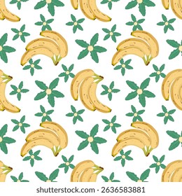 Banana pattern with leaves, white background