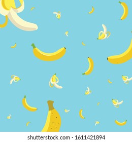 Banana pattern on a light blue background. Falling bananas.