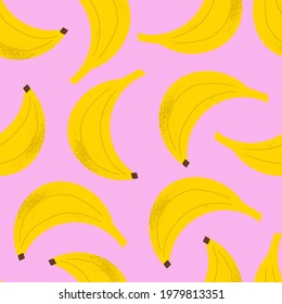 Banana pattern on pink background. Fruit seamless pop art texture. Flat hand drawn illustration about vegan healthy food.