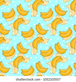 Banana pattern with polka dots  seamless vector illustration on a blue backgound