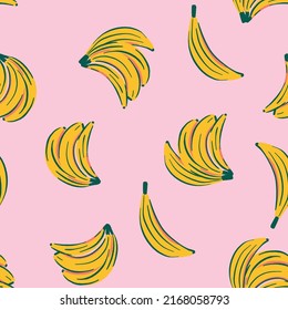 Banana pattern repeat. Tropical fruit in yellow and pink background fabric print. Vector illustration. Great for kids and fun home decor. Surface pattern design.