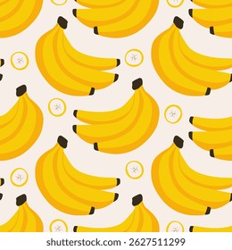 Banana pattern. Seamless fruit print, cartoon bunch of bananas and banana slice, organic tropical food abstract background for wrapping paper fabric textile design. Vector texture.