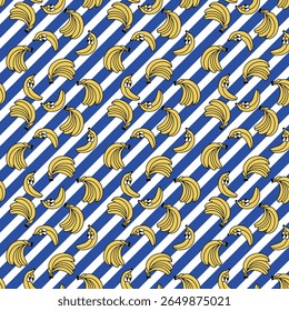 Padrão de banana Fruta sem costura Comida tropical Verão Verão Cartoon Sorriso
