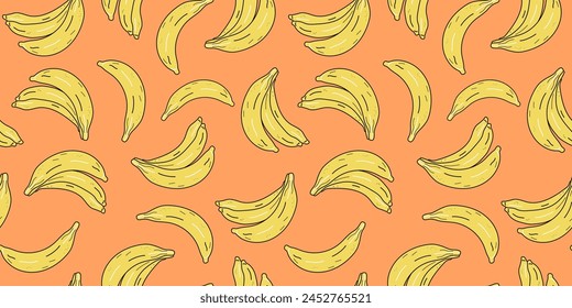 Banana Pattern, seamless. Tropical fruit in Doodle style. Color summer vector illustration. Juicy Fruits, food. Vector illustration, Background isolated.