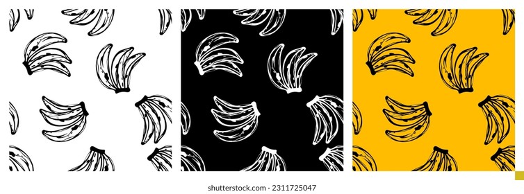 Banana pattern for wallpaper, wrapping paper, textile fabric print, fruit shop. Summer holiday, healthy food, vegan eating, exotic nature theme. Decorative colourful background. Hand drawing.