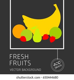 Banana, pear, lime, kiwi, strawberry, orange, fruit set, vector background, fresh fruit, healthy diet, greeting card