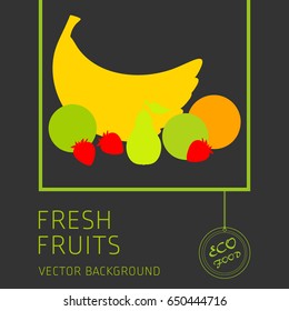 Banana, pear, lime, kiwi, strawberry, orange, fruit set, vector background, fresh fruit, healthy diet, greeting card
