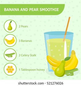 Banana and pear smoothie recipe with ingredients. Smoothies, milkshake recipe. Healthy smoothies recipe. Detox smoothie recipe. Organic raw Shake, healthy drinks. Healthy diet. Vector illustration.