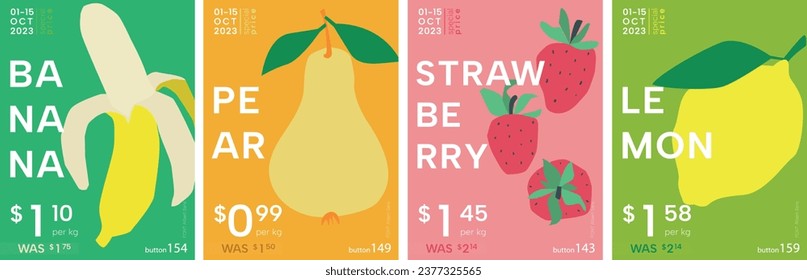 Banana, pear, strawberry, lemon. Fruits poster set in flat colourful design. Price tag, label or poster. Flat vector illustration.