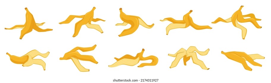 Banana peel. Cartoon flat fruit peels, different provisions, yellow food icons, sweet tropical vegetarian wastes, banana skins collection, organic garbage. Nowaday vector doodle set