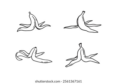 banana peel doodle hand drawn icon set. Outline drawing banana peel line clipart symbol. Vector illustration