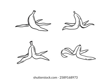 banana peel doodle hand drawn icon set. Outline drawing banana peel line clipart symbol. Vector illustration