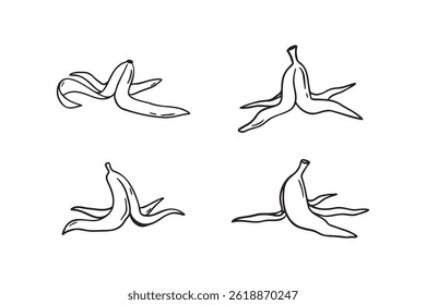 banana peel doodle desenhado à mão ícone set. Desenho de contorno banana peel line clipart símbolo. Ilustração vetorial