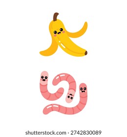 Banana peel with earthworm vector, compost awareness sticker, kids eco club activity, waste reduction lesson, garden science session materials