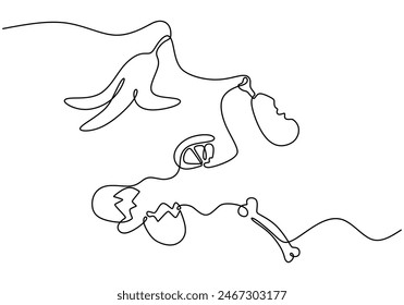 banana peel, Fishbone and leftover fruit and vegetables in continuous line art drawing style isolated on white background.