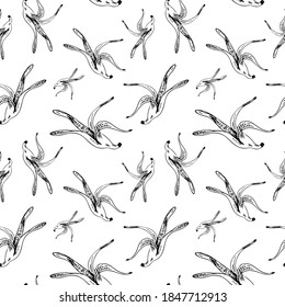 Banana Peel Pattern. Hand Drawn Banana Skins On Transparent Backdrop. Sketch Style. Seamless Vecktor Background.