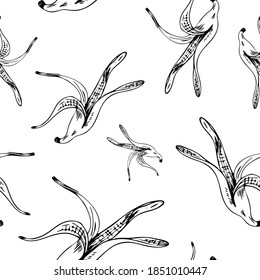 Banana Peel Pattern. Hand Drawn Banana Skins On Transparent Backdrop. Sketch Style. Seamless Vecktor Background.