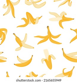 Banana Peel Pattern. Seamless Print Of Cartoon Banana Skin Organic Waste, Colorful Yellow Fruit Garbage. Vector Texture. Bio Food Waste, Organic Garbage Objects For Fabric, Wrapping Paper