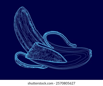 Banana peel is shown in a blue background. The peel is shown in a very stylized way, with a lot of detail and a lot of blue. Scene is somewhat whimsical and playful