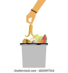 The banana peel are throwing into the wet waste bin.