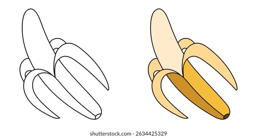 Banana descascada colorida e linha. Livro de colorir para crianças. Ilustração vetorial.