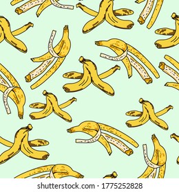 Banana peels seamless pattern, hand draw vector illustration, yellow fruit skin on green background for design and creativity