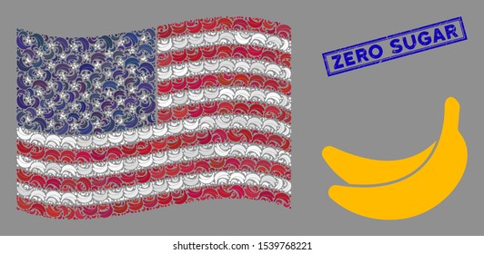 Banana pictograms are arranged into USA flag stylization with blue rectangle rubber stamp seal of Zero Sugar phrase. Vector concept of USA waving official flag is composed of banana items.