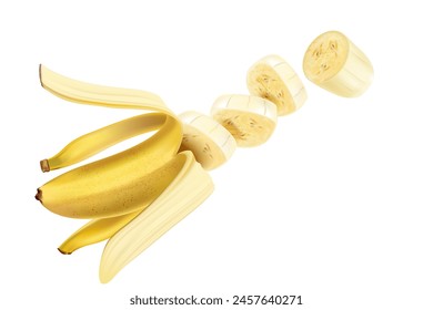 Banana of pieces splashing isolated on white background. Season sweet of tropical fruits. 3d realistic vector, Food concept design. of free space for your texts and branding.