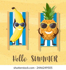 banana and pineapple cartoon character on beach. holiday background with banana and inscription hello summer. Vector illustration in flat style