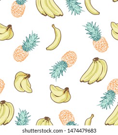 Banana pineapple fruit summer vector seamless pattern