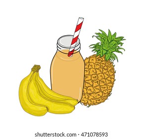 banana and pineapple juice in a glass jar with a straw. vector illustration