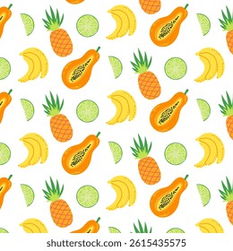 Banana, pineapple, lime, papaya, flowers Seamless pattern. Cartoon style, vector. Asian fruit background. Thailand Vibes
