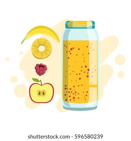 Banana, Pineapple And Raspberry Smoothie, Non-Alcoholic Fresh Cocktail In A Glass And The Ingredients For It Vector Illustration